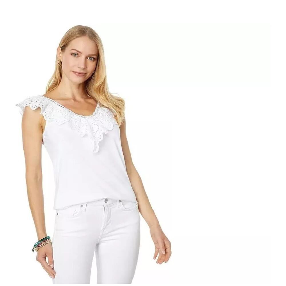 Lilly Pulitzer White Sleeveless Eyelet Ruffle Plaza coastal minimalist Top XL